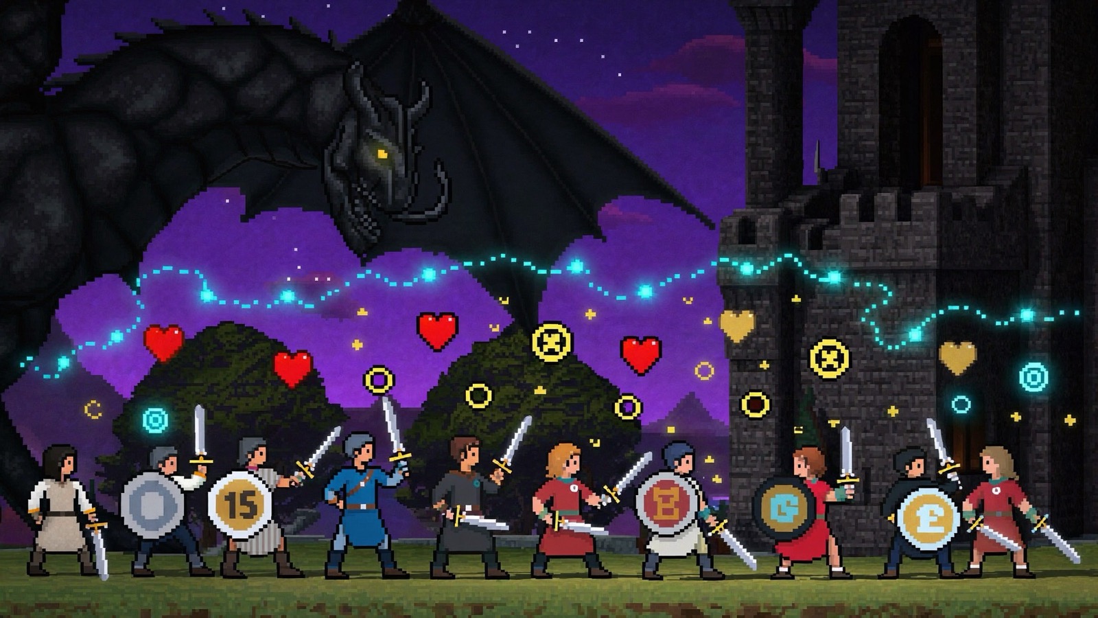 Pixel-art illustration of a boss castle raid